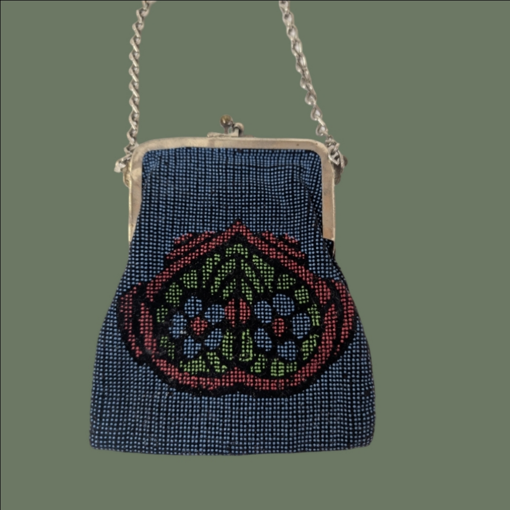 Vintage Bag Victorian Petite Blue Western Style Mini Bag With Mirror Inside.